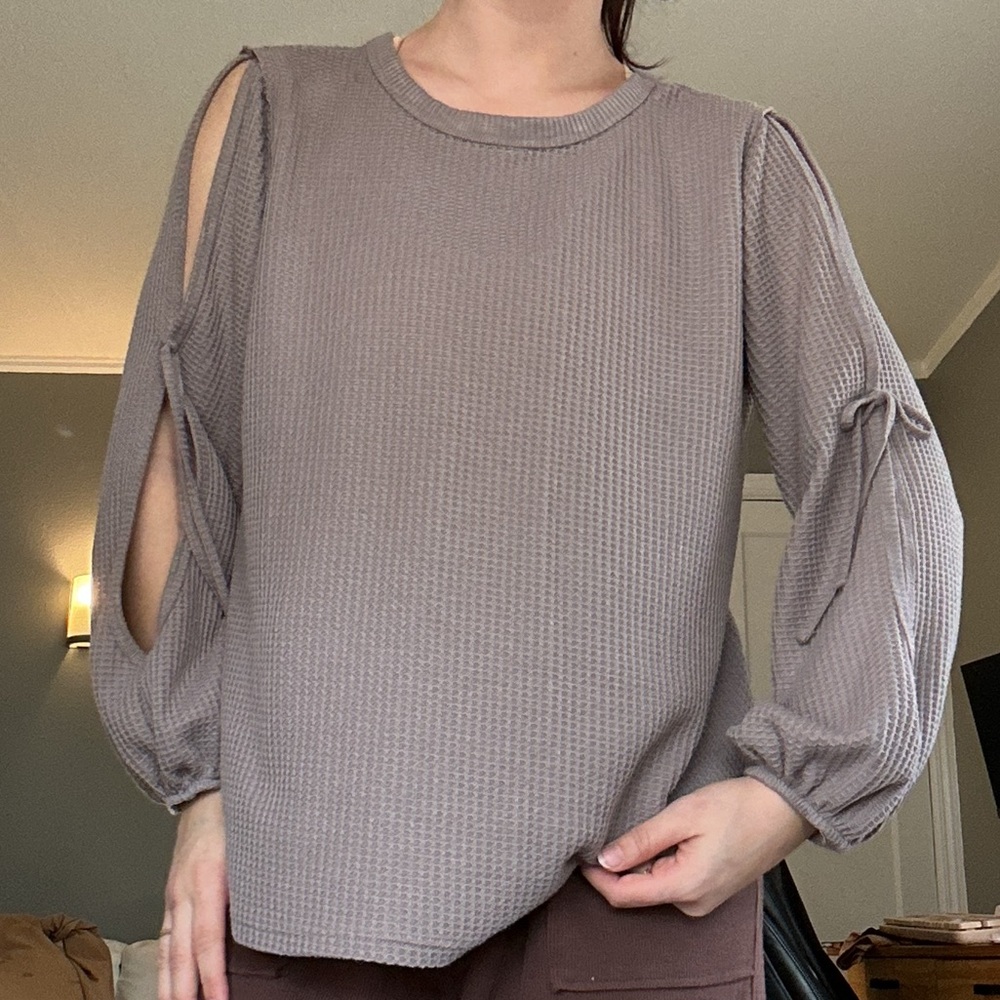 Cato Waffle Knit Taupe Long Sleeve Top with Open Sleeve Tie Details